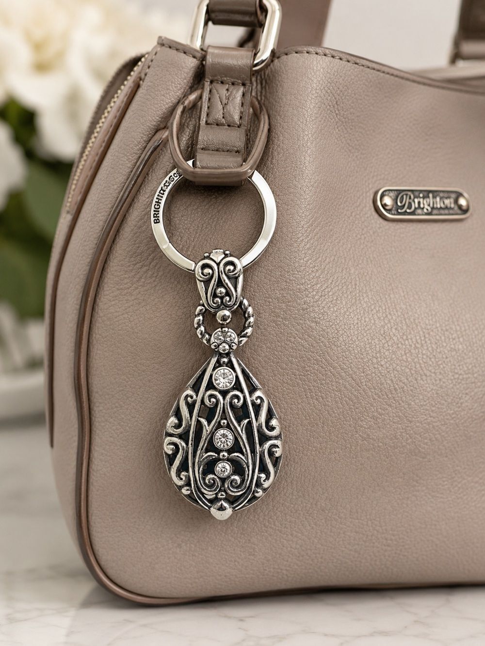 Brighton Silver-Tone Crystal Scrollwork Key Ring/Pendant/Bag Charm